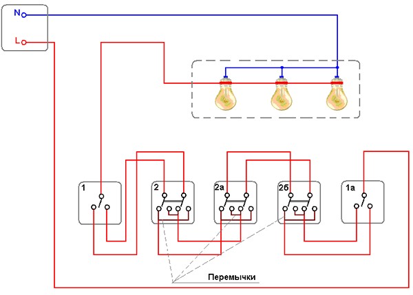 схема подключения двухклавишного проходного выключателя
